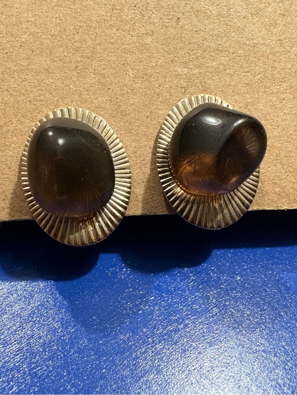 Elegant Brown Stone Clip-On Earrings with Textured Silver Frame